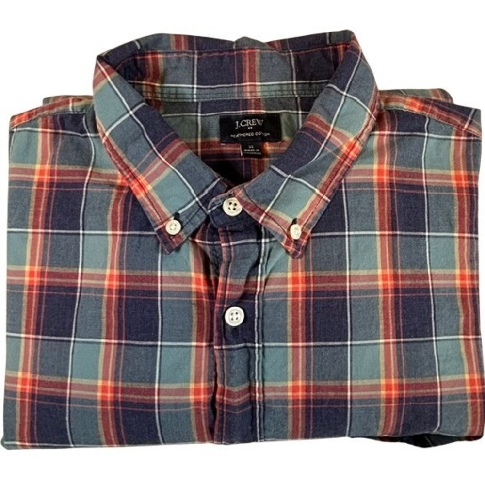J. Crew Men's Blue Red Plaid Long Sleeve Heathered Cotton Button Up Shirt XL